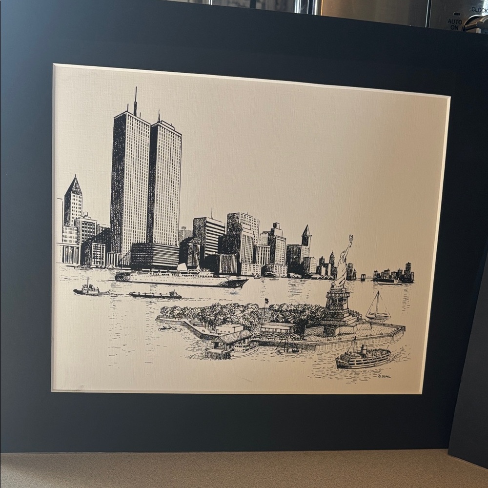 2 Unbranded Black & White Skyline Pen-and-Ink Art Print
